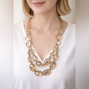 Smoky Lucite Beaded Necklace with Gold Rings 22" Sparkly Elegant